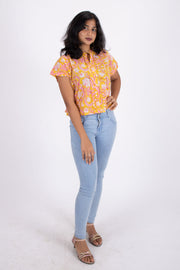 Yellow Hand Block Printed Cotton Crop Top 10074303
