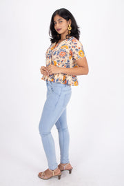 Beige Hand Block Printed Cotton Crop Top 10074306