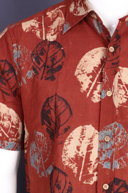Rust Red Half Sleeve Ajrakh Printed Cotton Mens Shirt 10076831