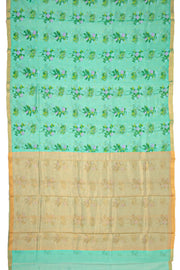 Light Teal Blue Chanderi Printed Silk Cotton Saree 10077383
