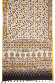 Cream Ajrakh Printed Mulmul Cotton Saree With Floral Border 10077400