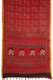 Bright Red Ajrakh Printed Mulmul Cotton Saree With Floral Border 10077403