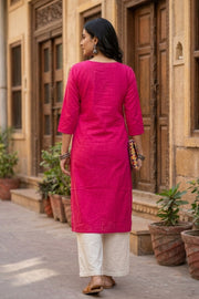 Bright Pink Handcrafted Solid Style Embroidered Cotton Kurta 10077408