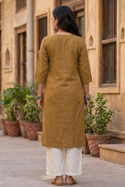 Mustard Brown Handcrafted Solid Style Embroidered Cotton Kurta 10077409