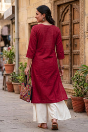 Maroon Handcrafted Solid Style Embroidered Cotton Kurta 10077410