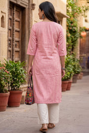 Pink Handcrafted Solid Style Embroidered Cotton Kurta 10077413