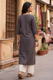 Grey Handcrafted Solid Style Embroidered Cotton Kurta 10077414