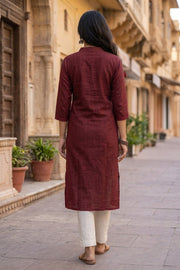Maroon Handcrafted Solid Style Embroidered Cotton Kurta 10077415