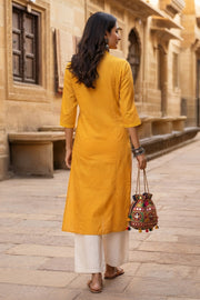 Sunflower Yellow Handcrafted Solid Style Embroidered Cotton Kurta 10077417