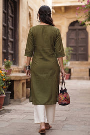 Olive Green Handcrafted Solid Style Embroidered Cotton Kurta 10077418