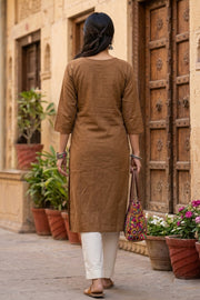 Brown Handcrafted Solid Style Embroidered Cotton Kurta 10077422