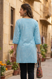 Light Blue Handcrafted Solid Style Embroidered Cotton Kurti 10077423