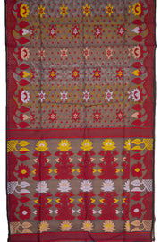 Red Handloom Jamdani Cotton Saree with Floral Motifs 10077549