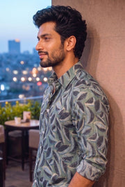 Green Full Sleeve Jahota Print Modal Silk Mens Shirt 10074376