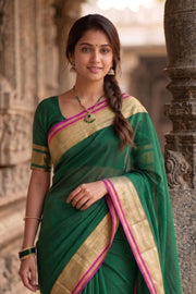 Midnight Forest Green Mysore Crepe Silk Saree with Zari Border 10076247
