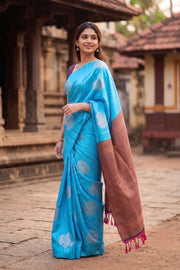 Vivid Blue Jute Weave Kanjivaram Vegan Silk Saree 10074642