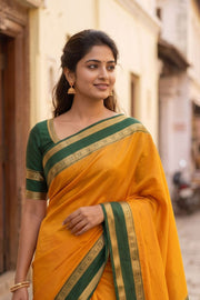 Golden Amber Yellow Mysore Crepe Silk Saree With Zari Border 10076244