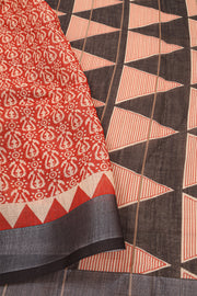 Red Printed Semi Linen Saree with 10077981