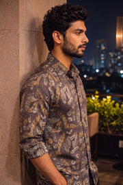 Brown Full Sleeve Vanaspathi Print Modal Silk Mens Shirt 10074062