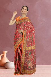 Maroon Kalamkari Printed Malai Cotton Saree 10074683