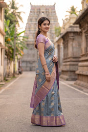 Grey Kanjivaram Vegan Silk Saree with Contrast Pallu 10074877