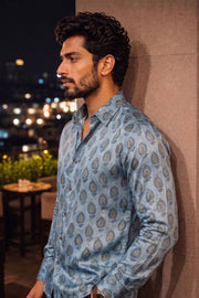 Blue Full Sleeve Vanaspathi Print Modal Silk Mens Shirt 10074058