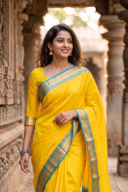 Morning Sun Yellow Mysore Crepe Silk Saree With Zari Border 10076240