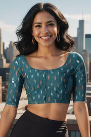 Green Pochampally Ikat Mirror Work Cotton Blouse 10074521