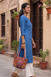 Blue Handcrafted Cotton Stripes Kurta 10077461