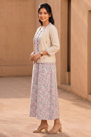 Offwhite Hand Block Printed Cotton Dress With Coat 10077615