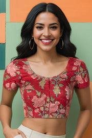 Red Handblock Printed Cotton Blouse 10075223