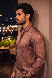 Brown Full Sleeve Jahota Print Modal Silk Mens Shirt 10074377