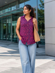 Purple Hand block Printed Women Sleevless Shirt 10077197