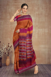 Orange Printed Tussar Silk Saree 10076296