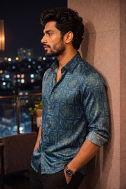 Blue Full Sleeve Vanaspathi Print Modal Silk Mens Shirt 10074063
