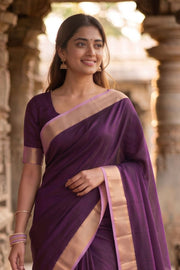 Blackberry Purple Mysore Crepe Silk Saree With Zari Border 10076237