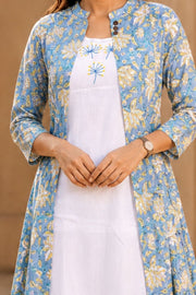 White Embroidered Midi Coat Cotton Dress with Blue Jacket 10077646