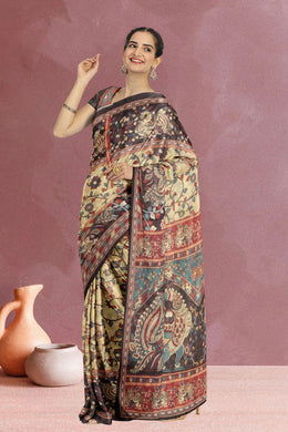 Green Kalamkari Printed Malai Cotton Saree 10074688