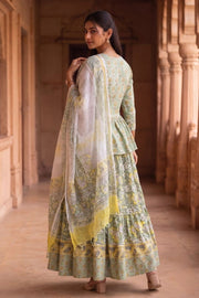 Green Hand Block Printed Cotton Chaniya Choli With Kota Doria Dupatta 10066330