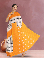 White Ikat Print Linen Saree 10074026