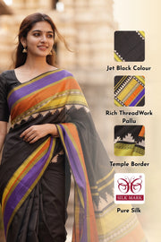 Black Kanjivaram Pure Silk Saree With Temple Mega Border 10077911