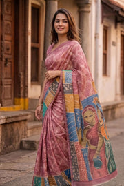 Pink Printed Semi Tussar Silk Saree With Tribal Motifs 10076269