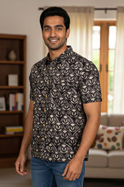 Black Half Sleeve Jahota Printed Cotton Mens Shirt 10076224