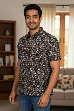 Black Half Sleeve Jahota Printed Cotton Mens Shirt 10076224