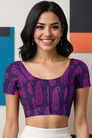 Purple Kutchi Hand Block Printed Cotton Blouse 10074473