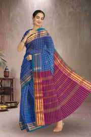 Blue Handloom Chettinad Cotton Saree Without Blouse 10072571