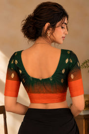 Forest Night Green Kanjivaram Soft Silk Blouse With Geometric Motifs 10076614