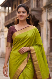 Pista Glow Green Mysore Crepe Silk Saree With Zari Border 10076233