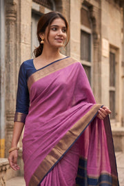 Rose Blossom Pink Mysore Crepe Silk Saree With Zari Border 10076232