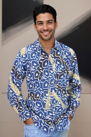 Blue Full Sleeve Ajrakh Printed Cotton Mens Shirt 10073001